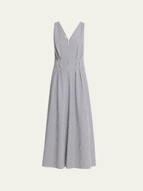 V-Neck Seersucker Cotton Sleeveless Midi Dress