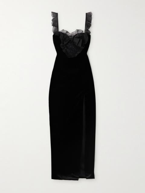 Bow-embellished Lace And Silk-trimmed Velvet Gown