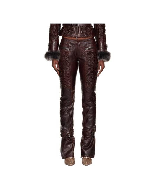 Brown Smocked Straight Leg Leather Trousers