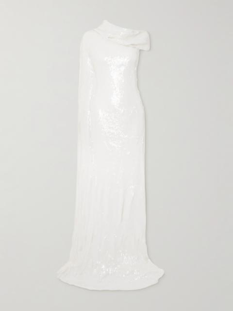 One-shoulder Cape-effect Draped Sequined Silk-blend Gown