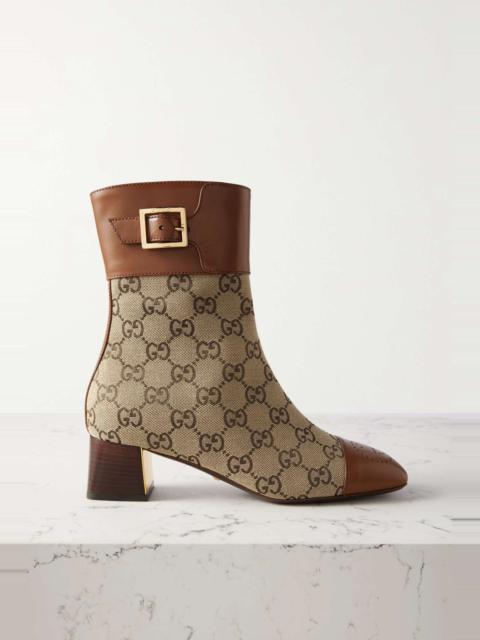 Buckled logo-jacquard leather and canvas ankle boots