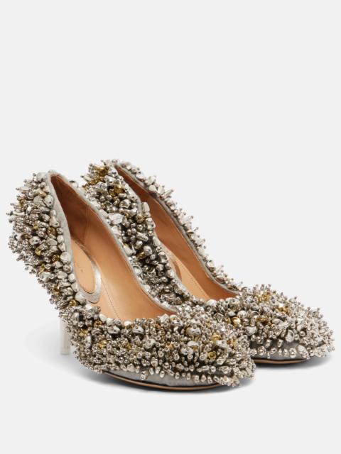 Embellished leather-trimmed pumps