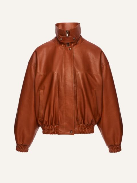 High-neck leather bomber jacket in cognac