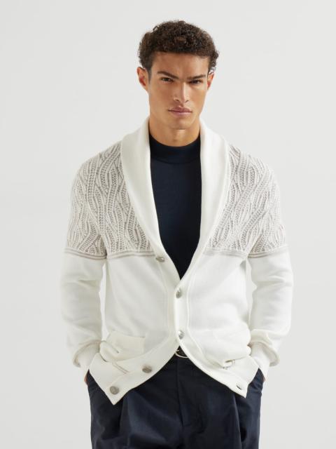 Cotton shawl collar cardigan with  jacquard cable shoulder