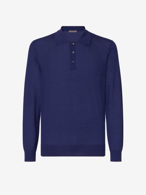 Light blue long sleeve cashmere and silk polo shirt