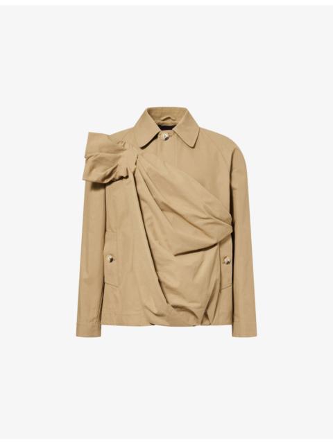 Gathered Flower Sash Asymmetric Cotton-Blend Jacket