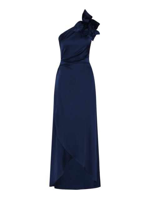 Nocturna Asymmetric Embellished Satin Maxi Dress navy