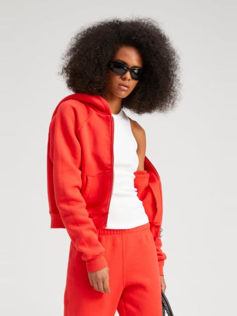 RED COTTON SHRUNKEN ZIP UP HOODIE
