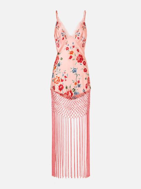 V NECK BIAS SLIP DRESS WITH FRINGING