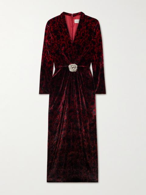 Mya Crystal-embellished Gathered Printed Velvet Midi Dress