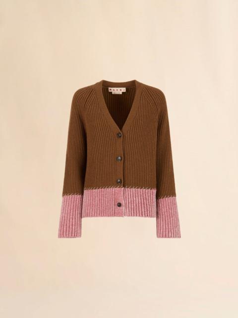 BROWN WOOL COLOR-BLOCK CARDIGAN
