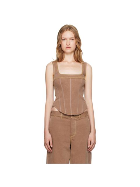 Brown Contrast Stitching Denim Tank Top