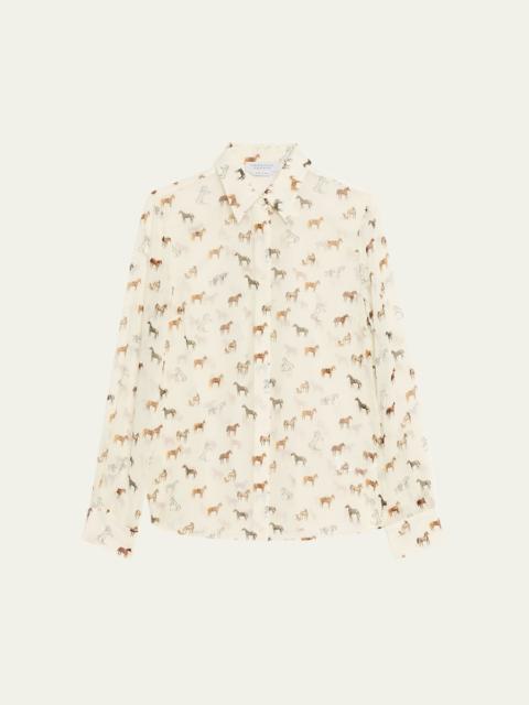 Henri Horse-Print Chiffon Button-Down Blouse