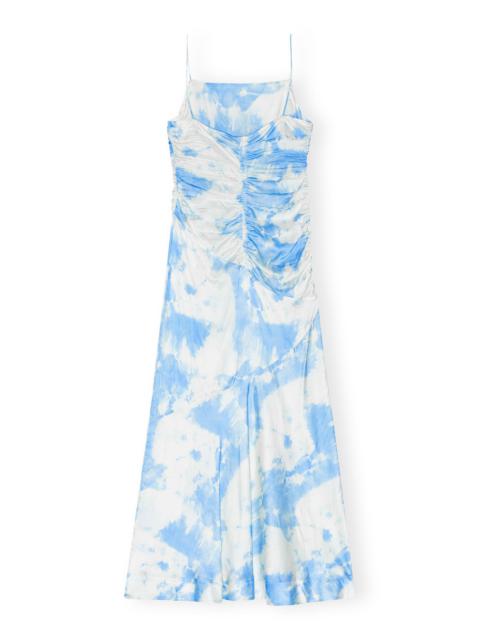 BLUE PRINTED SATIN RUCHED LONG SLIP DRESS