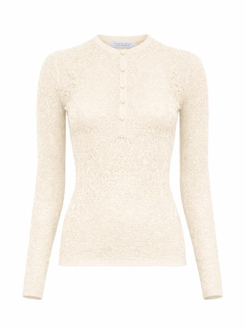 Gaviran Lace Knit Henley in Off White Merino Wool