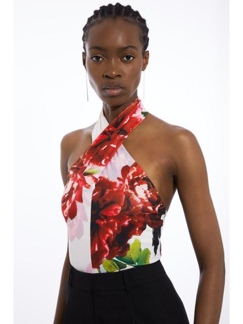 Rose Print Cross Neck Drapey Crepe Jersey Bodysuit