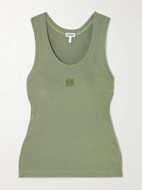 Anagram embroidered ribbed silk-jersey tank Green
