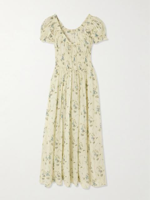Ashlynn Tie-detailed Shirred Floral-print Organic Cotton-voile Midi Dress
