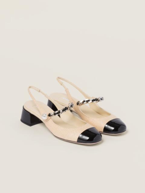 Patent leather and raffia slingback pumps