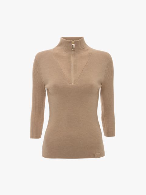 Half Zip Short Sleeve Knitted Top In Sandstorm