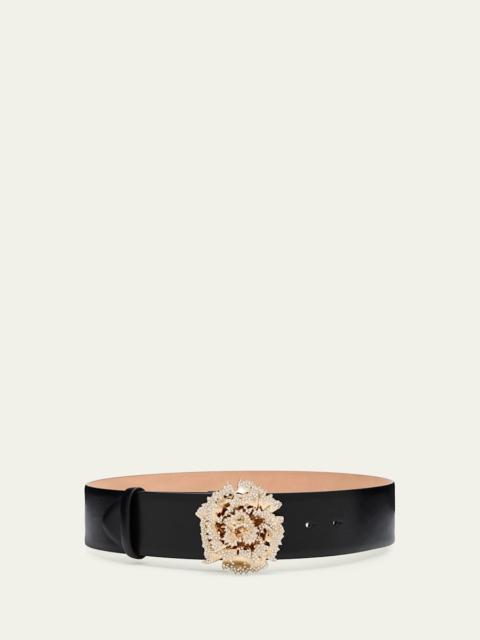Crystal-Buckle Calf Leather Belt