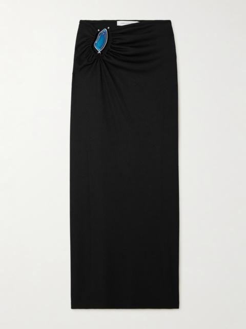 Moodstone Embellished Ruched Ribbed Stretch-jersey Maxi Skirt
