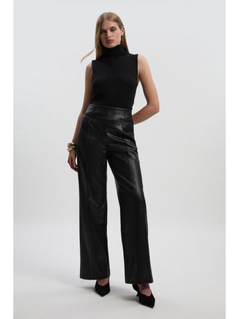 Petite Faux Leather Seam Detail Wide Leg Tailored Trouser