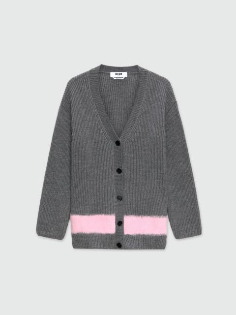 Grey melange ribbed knit cardigan with colorblock detail