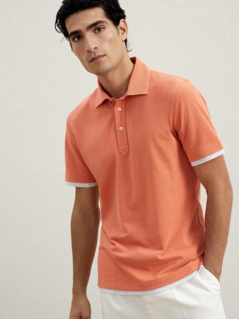Cotton piqué slim fit polo with shirt-style collar and faux-layering