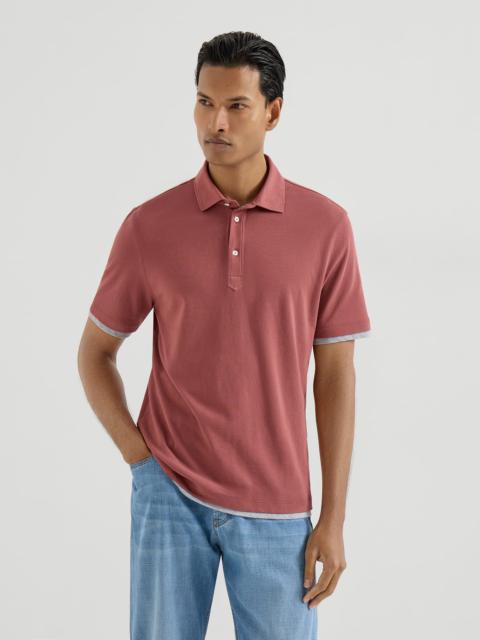 Cotton piqué shirt-style collar polo with faux-layering
