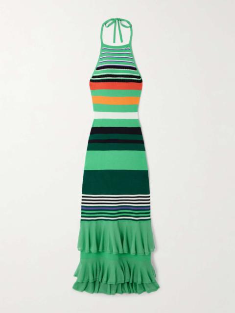 Ruffled striped stretch-knit halterneck maxi dress Multi
