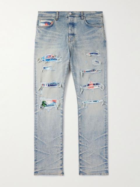 Aloha Thrasher Skinny-Fit Distressed Embellished Panelled Jeans Blue
