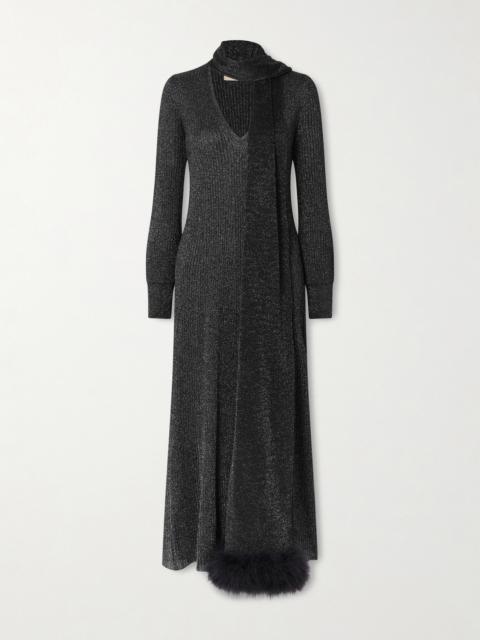 Scarf-detailed Feather-trimmed Metallic Ribbed-knit Midi Dress