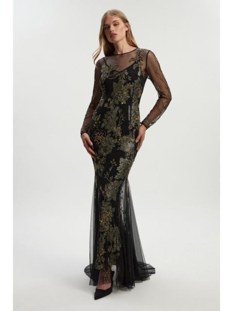 Floral Applique Embellished Metallic Georgette Woven Maxi Dress