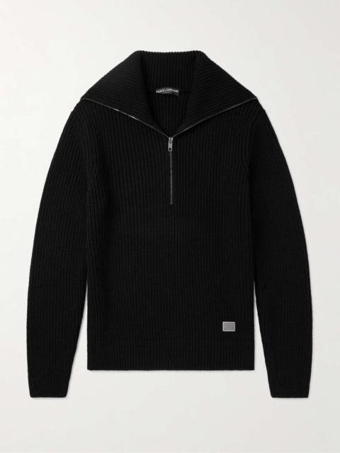 Logo-Appliquéd Ribbed Wool Half-Zip Sweater