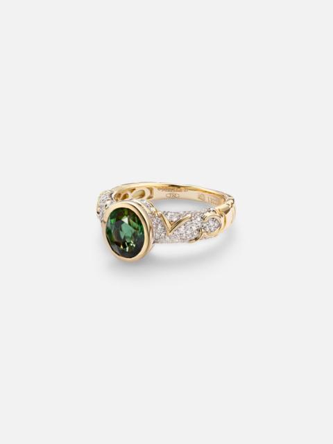 Ondine 18kt yellow gold ring with diamonds and green tourmaline