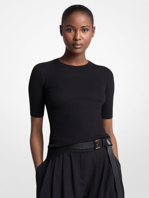 Ribbed Wool Elbow-Sleeve Sweater