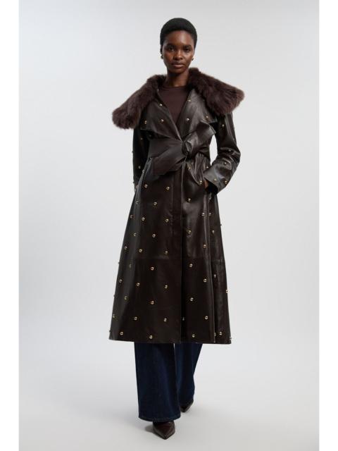 Leather & Shearling Collar Studded Belted Maxi Coat