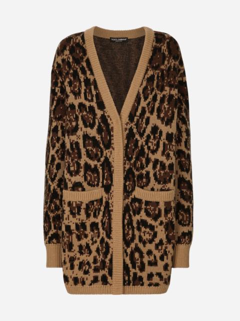 Long wool and cashmere cardigan with jacquard leopard design
