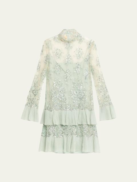 Floral Embroidered Long-Sleeve Ruffle Mini Dress