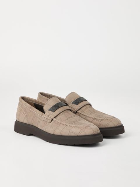 Croc print nubuck penny loafers with precious detail