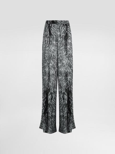 Silk satin pajama pants with fur print