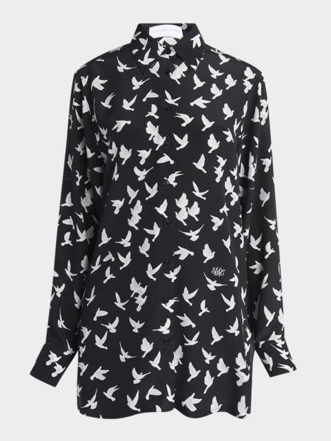 Flying Bird Silk Oversized Button-Down Shirt