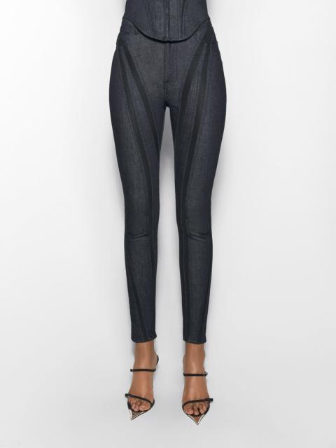 black mesh raw denim skinny jeans
