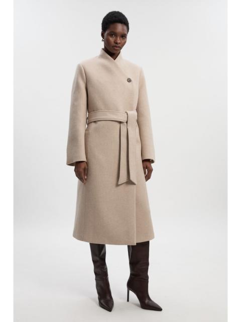 Wool Wrap Neck Tailored Belted Midi Coat