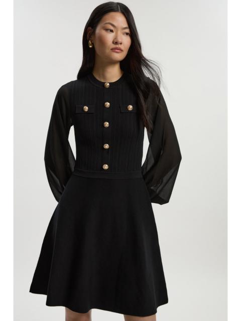 Viscose Blend Mini Knit Dress With Chiffon Sleeve Military Trim