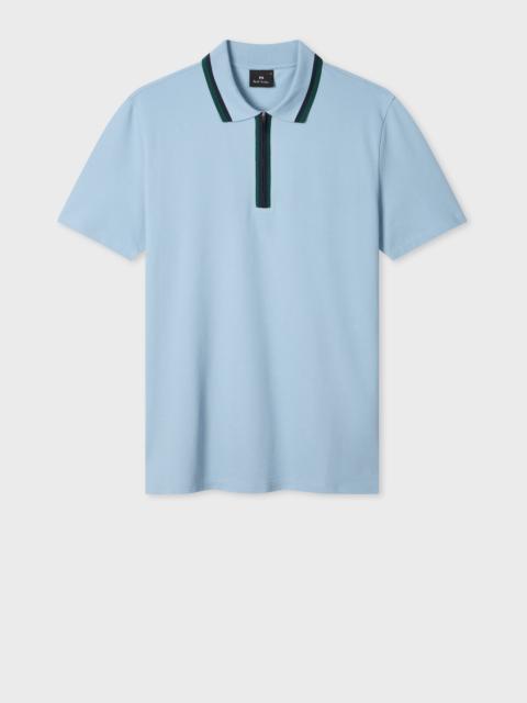 Pale Blue Contrast Tipping Zip Polo Shirt