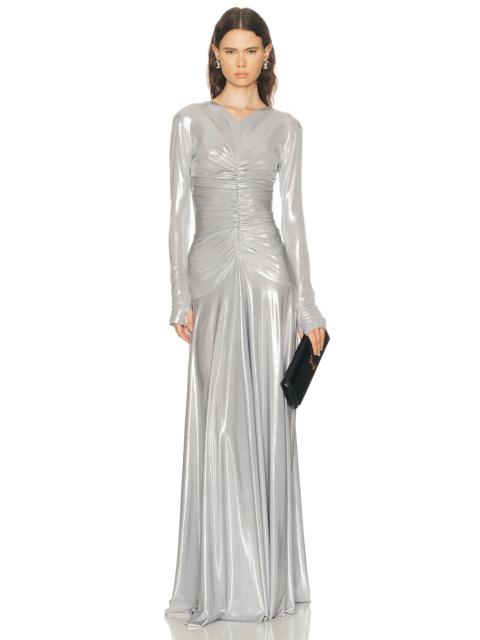 Long Sleeve V Neck Shirred Front Flared Gown