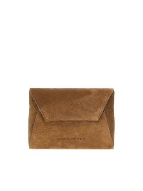 Monili-embellished suede clutch bag