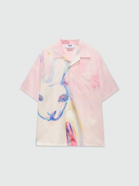 Pink poplin bowling shirt with "The White Rabbit" print
